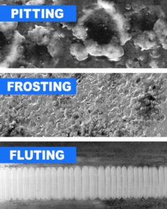 Micron-sized pits are formed by shaft voltage arcing through the bearing. Pits accumulate to form visible frosting, which may in turn produce fluting. 