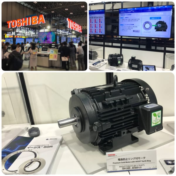 Toshiba Booth at Techno-Frontier with AEGIS Shaft Grounding Ring installed on Toshiba industrial motors.